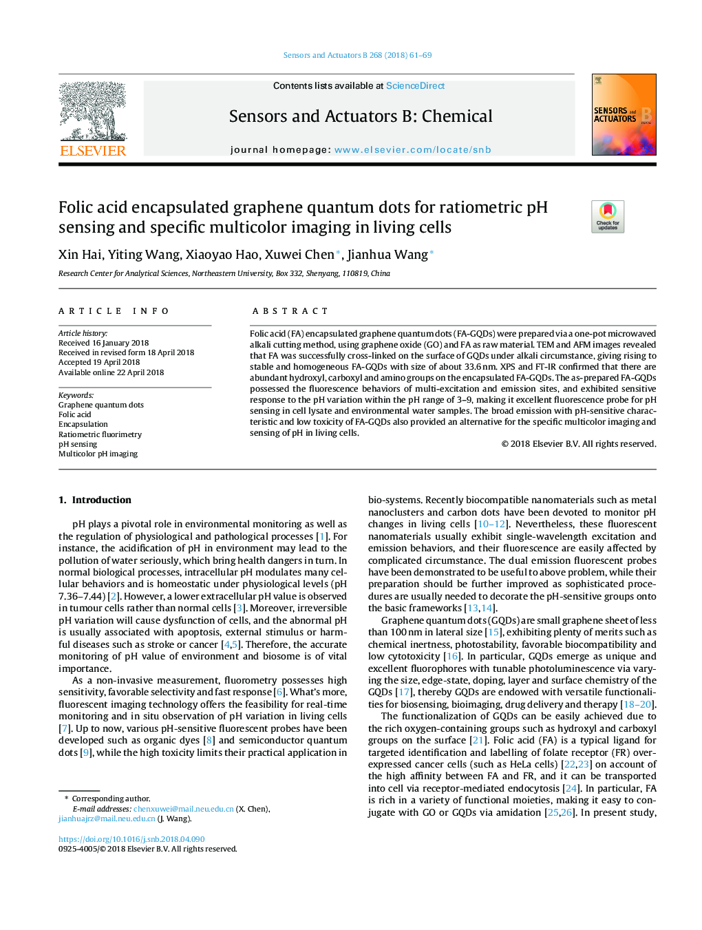 Folic acid encapsulated graphene quantum dots for ratiometric pH sensing and specific multicolor imaging in living cells