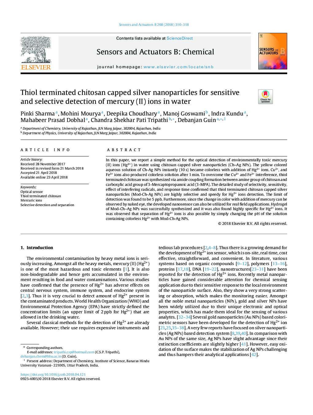 Thiol terminated chitosan capped silver nanoparticles for sensitive and selective detection of mercury (II) ions in water