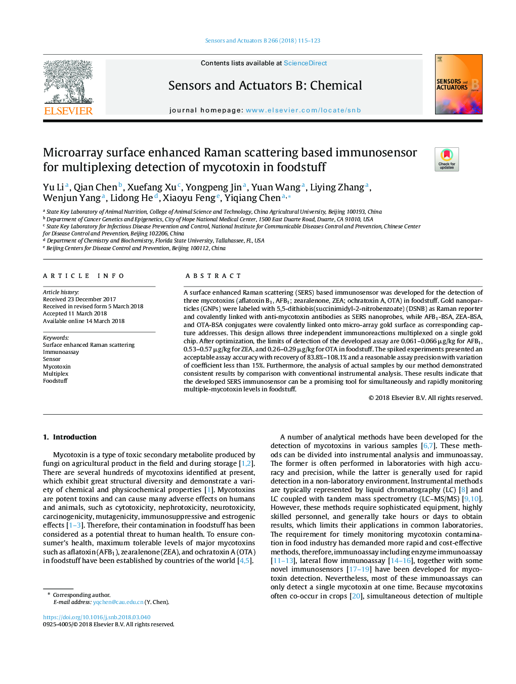 Microarray surface enhanced Raman scattering based immunosensor for multiplexing detection of mycotoxin in foodstuff