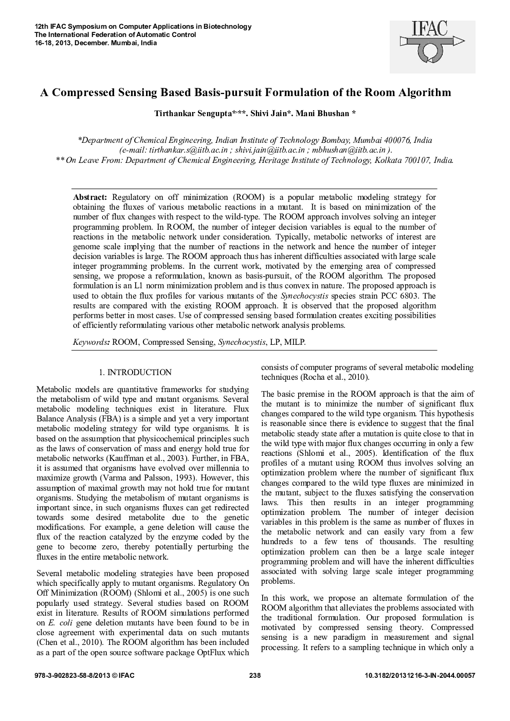 A Compressed Sensing Based Basis-pursuit Formulation of the Room Algorithm