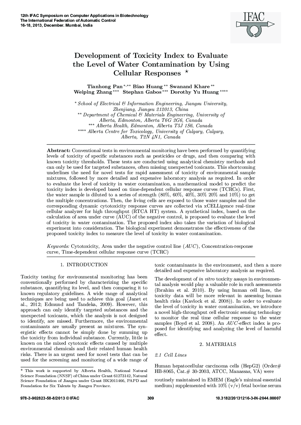 Development of Toxicity Index to Evaluate the Level of Water Contamination by Using Cellular Responses 