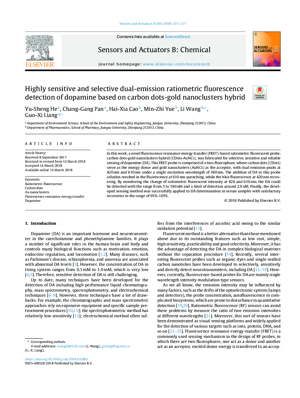 Highly sensitive and selective dual-emission ratiometric fluorescence detection of dopamine based on carbon dots-gold nanoclusters hybrid