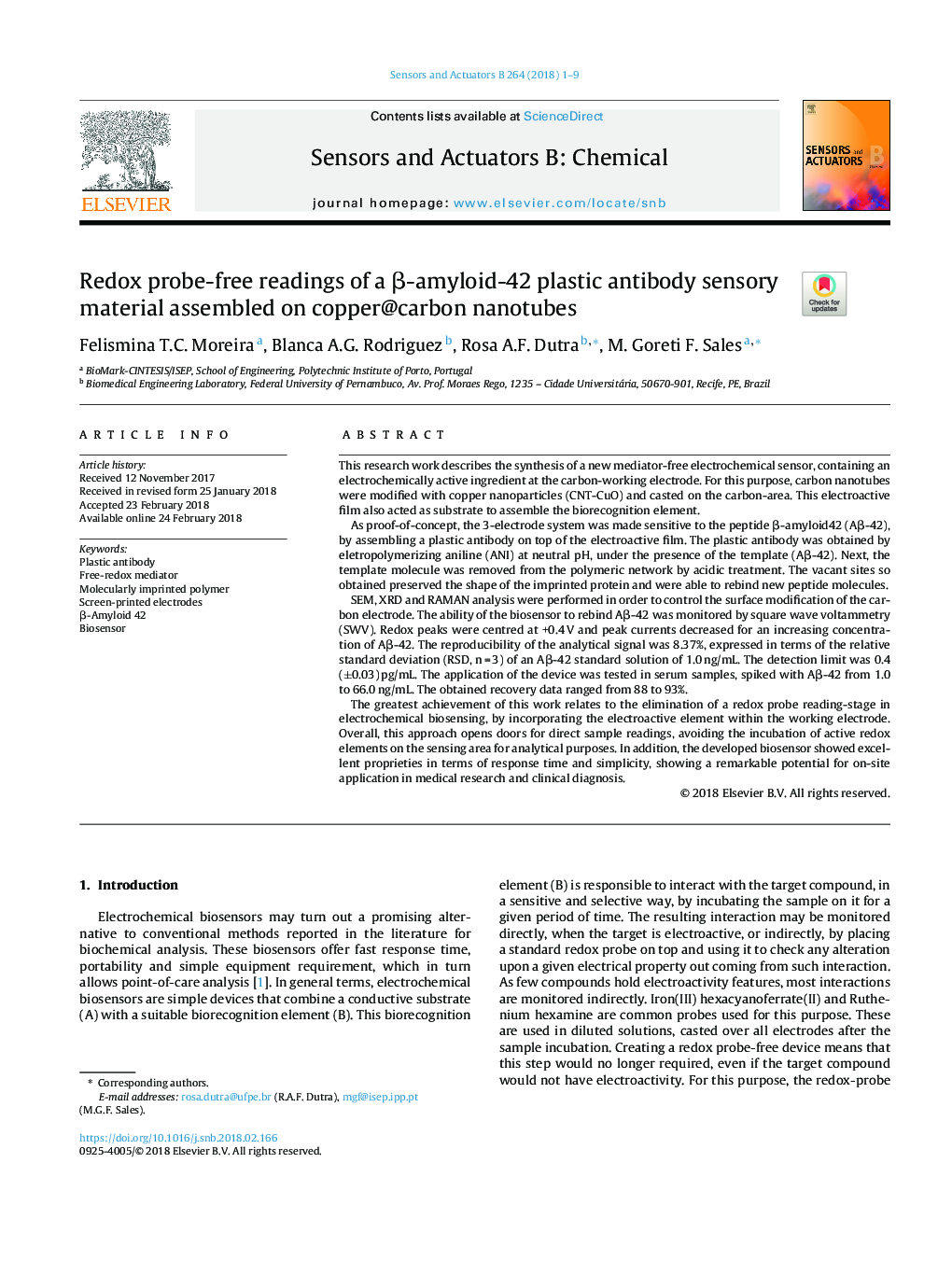 Redox probe-free readings of a Î²-amyloid-42 plastic antibody sensory material assembled on copper@carbon nanotubes