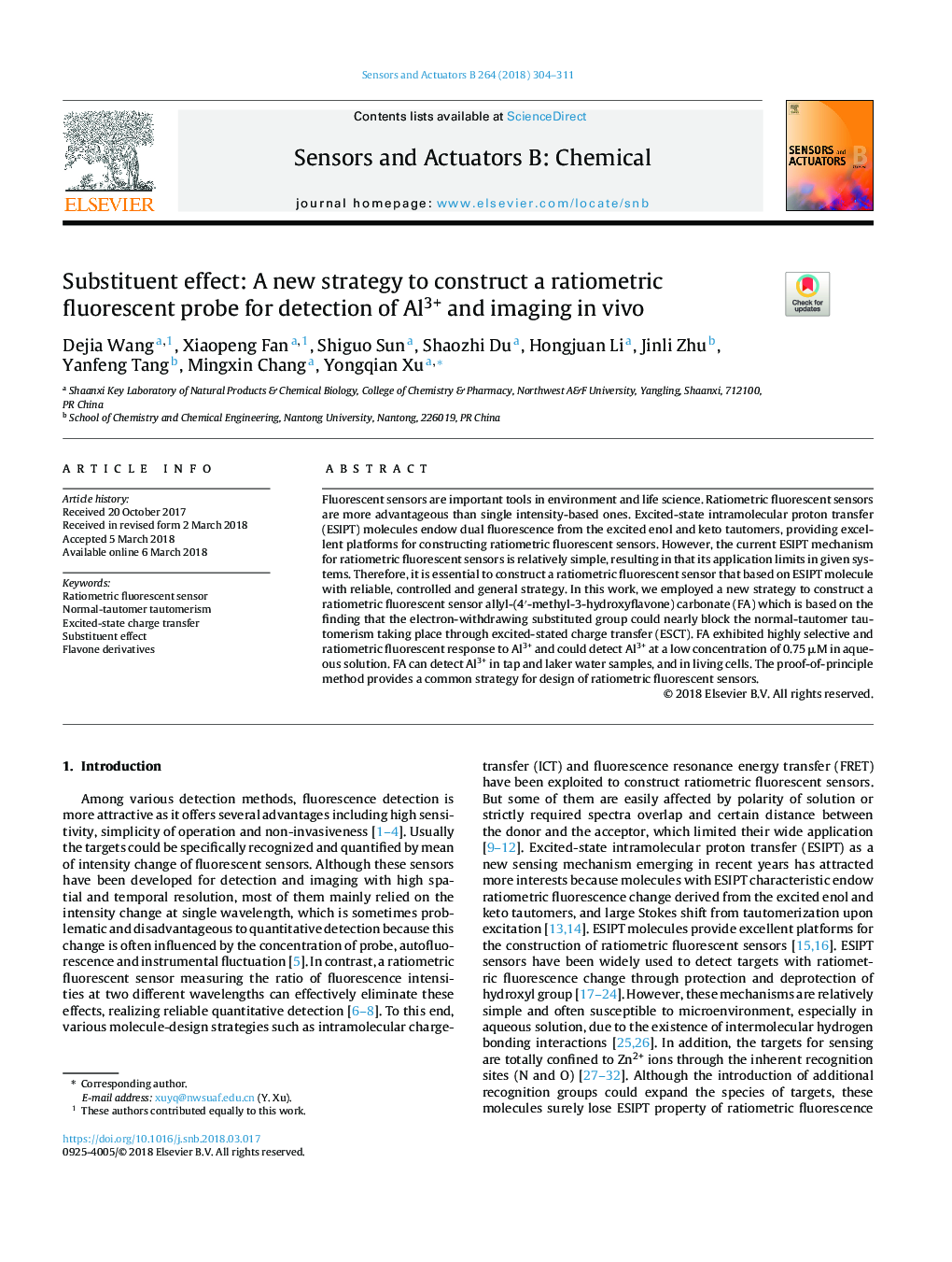 Substituent effect: A new strategy to construct a ratiometric fluorescent probe for detection of Al3+ and imaging in vivo