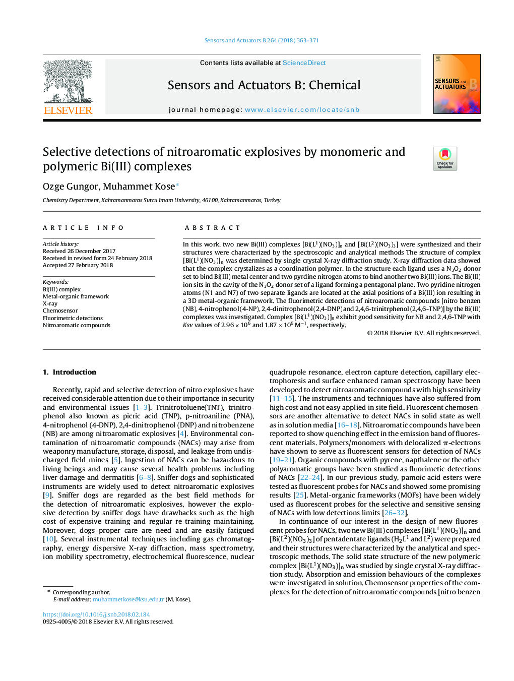 Selective detections of nitroaromatic explosives by monomeric and polymeric Bi(III) complexes