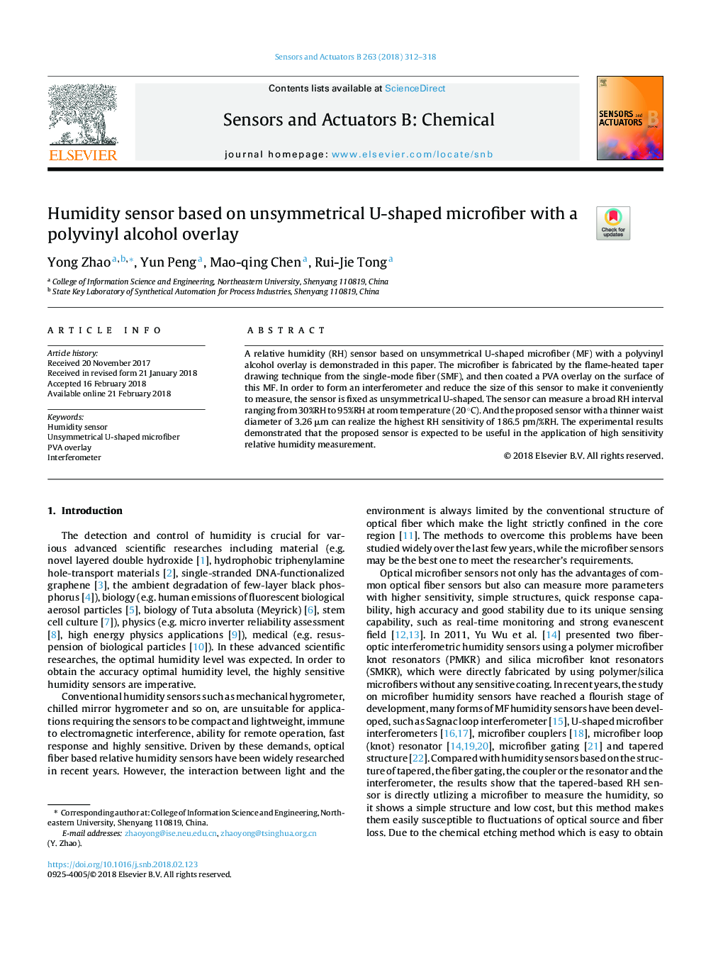 Humidity sensor based on unsymmetrical U-shaped microfiber with a polyvinyl alcohol overlay