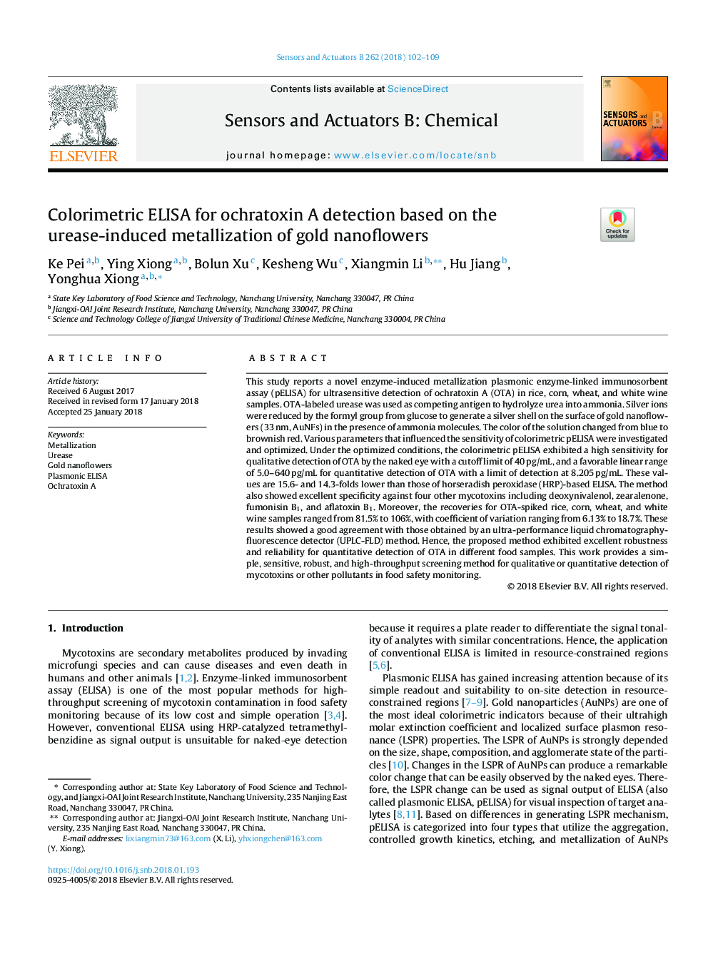 Colorimetric ELISA for ochratoxin A detection based on the urease-induced metallization of gold nanoflowers