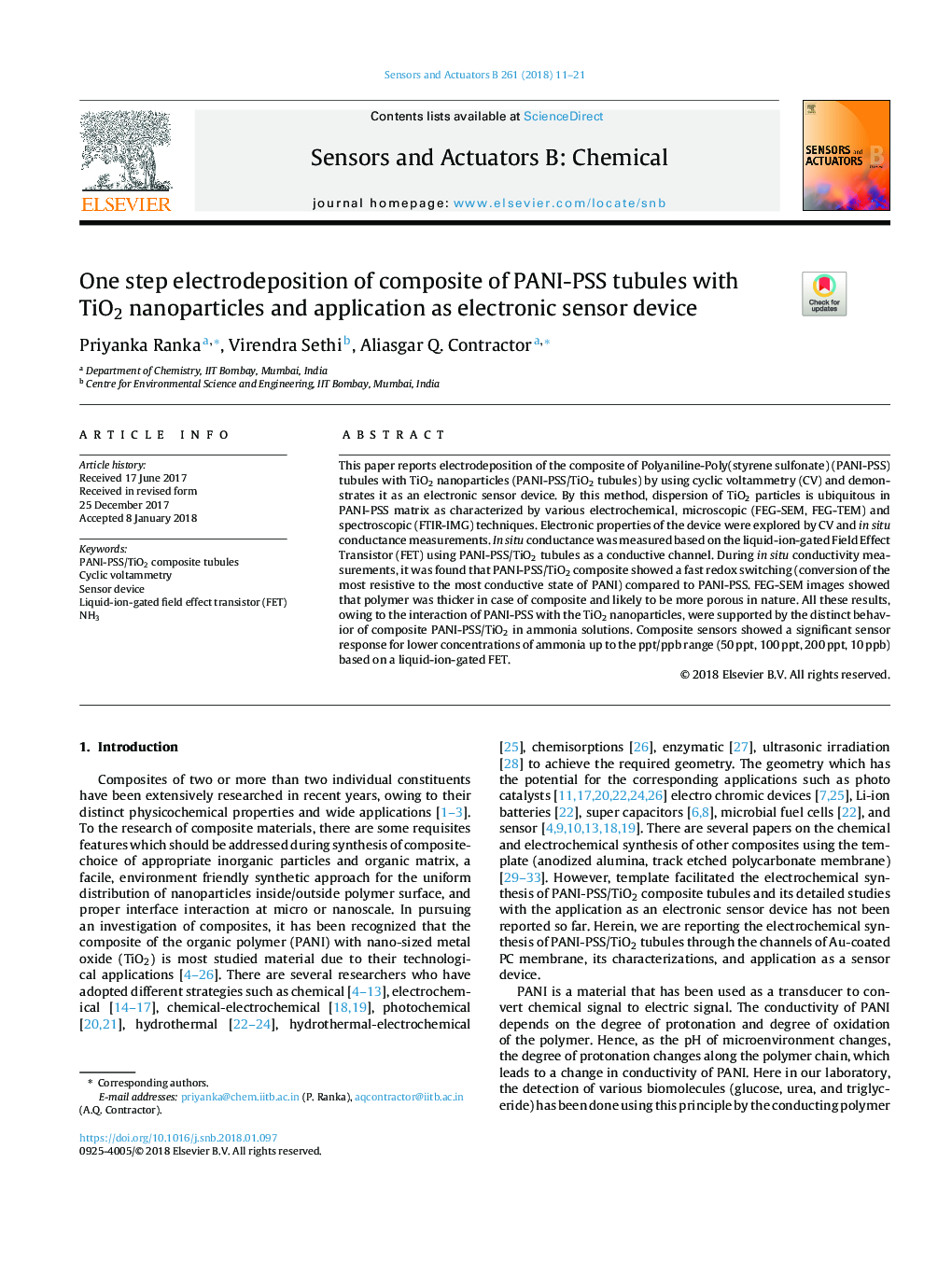 One step electrodeposition of composite of PANI-PSS tubules with TiO2 nanoparticles and application as electronic sensor device