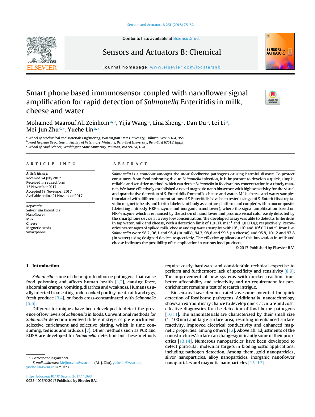 Smart phone based immunosensor coupled with nanoflower signal amplification for rapid detection of Salmonella Enteritidis in milk, cheese and water