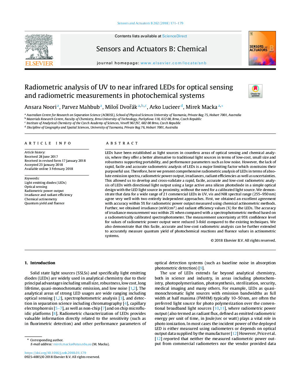 Radiometric analysis of UV to near infrared LEDs for optical sensing and radiometric measurements in photochemical systems