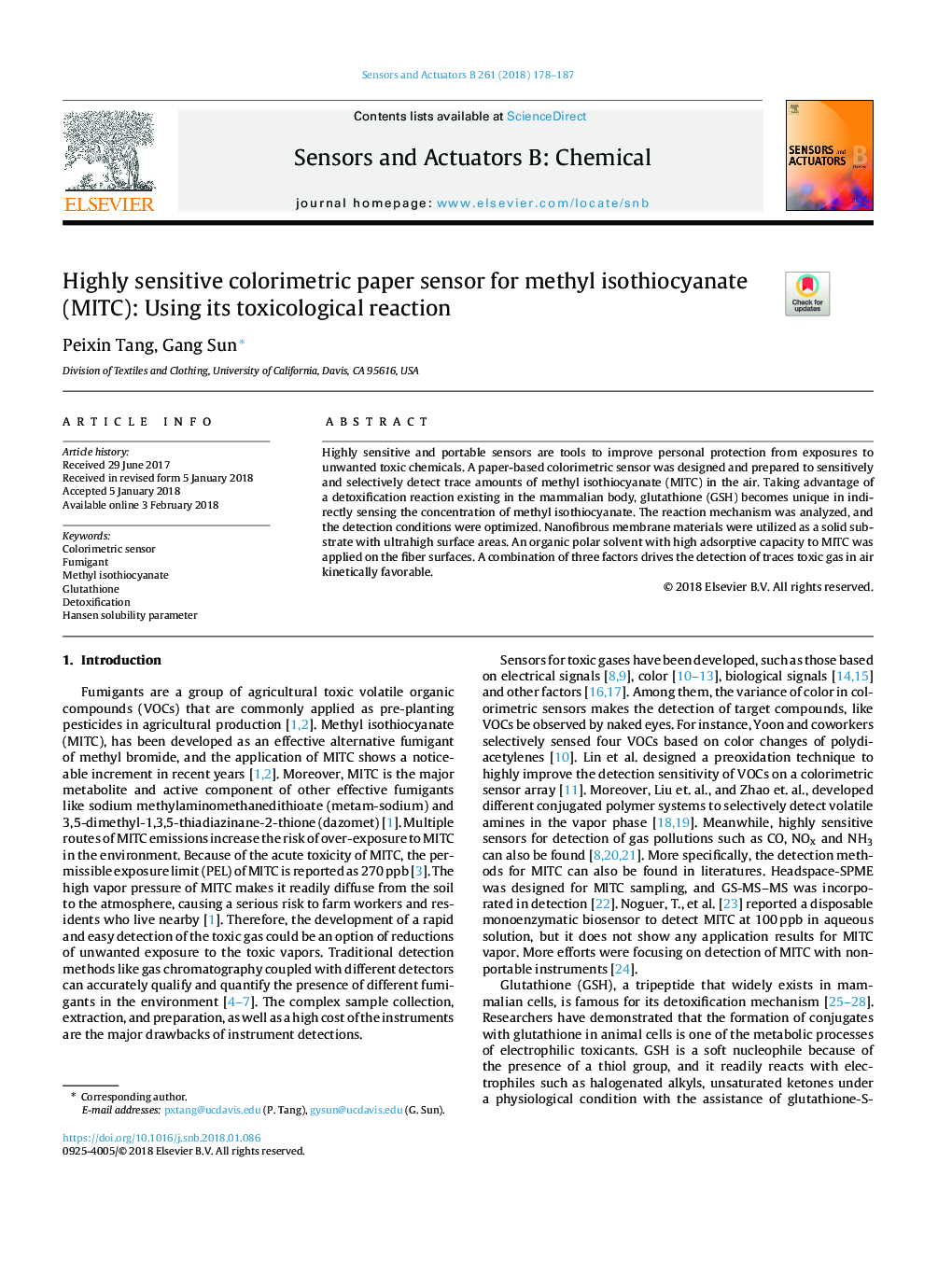 Highly sensitive colorimetric paper sensor for methyl isothiocyanate (MITC): Using its toxicological reaction