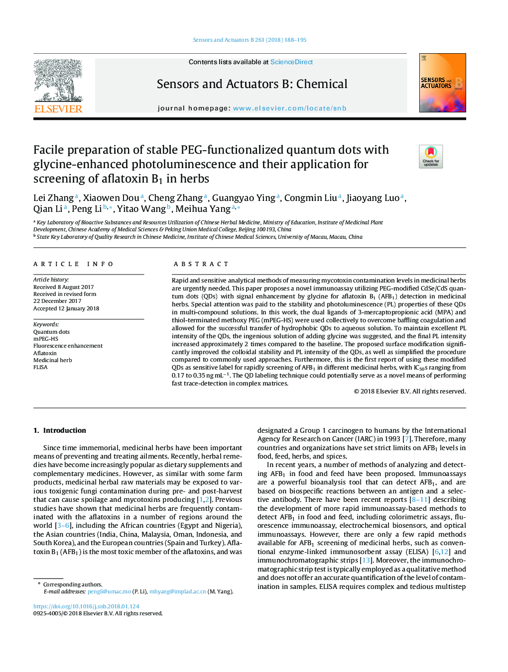 Facile preparation of stable PEG-functionalized quantum dots with glycine-enhanced photoluminescence and their application for screening of aflatoxin B1 in herbs