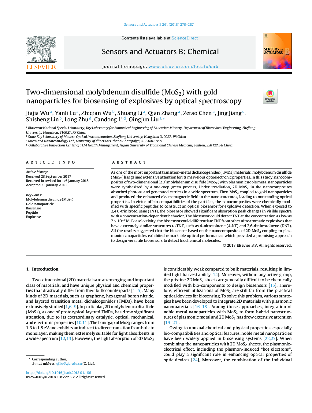 Two-dimensional molybdenum disulfide (MoS2) with gold nanoparticles for biosensing of explosives by optical spectroscopy