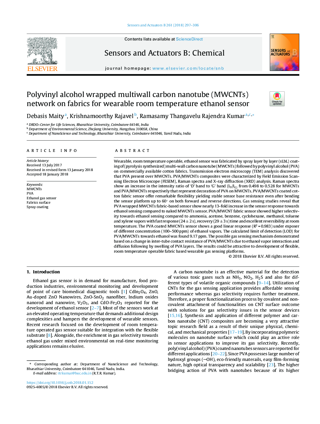 Polyvinyl alcohol wrapped multiwall carbon nanotube (MWCNTs) network on fabrics for wearable room temperature ethanol sensor