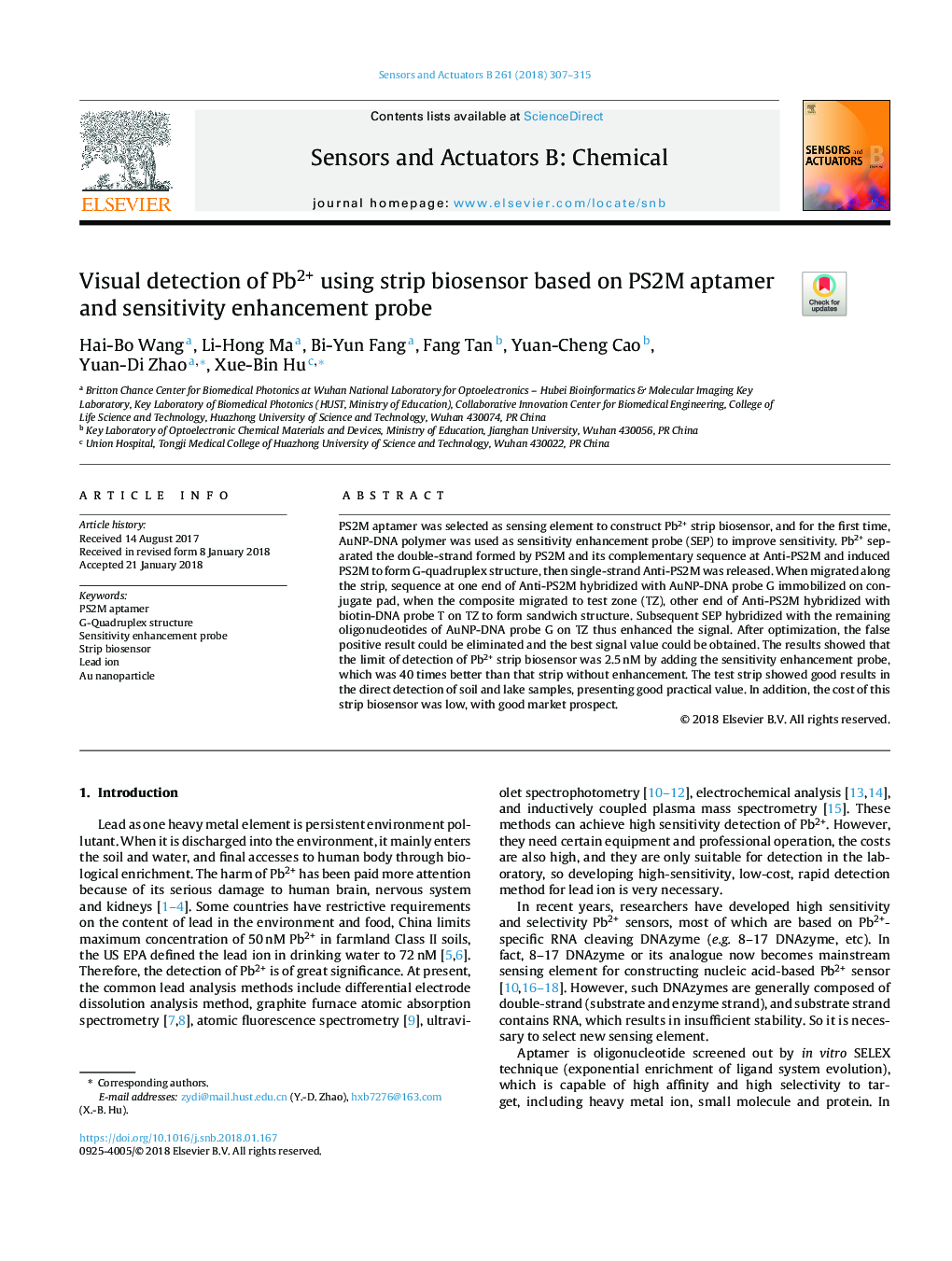 Visual detection of Pb2+ using strip biosensor based on PS2M aptamer and sensitivity enhancement probe