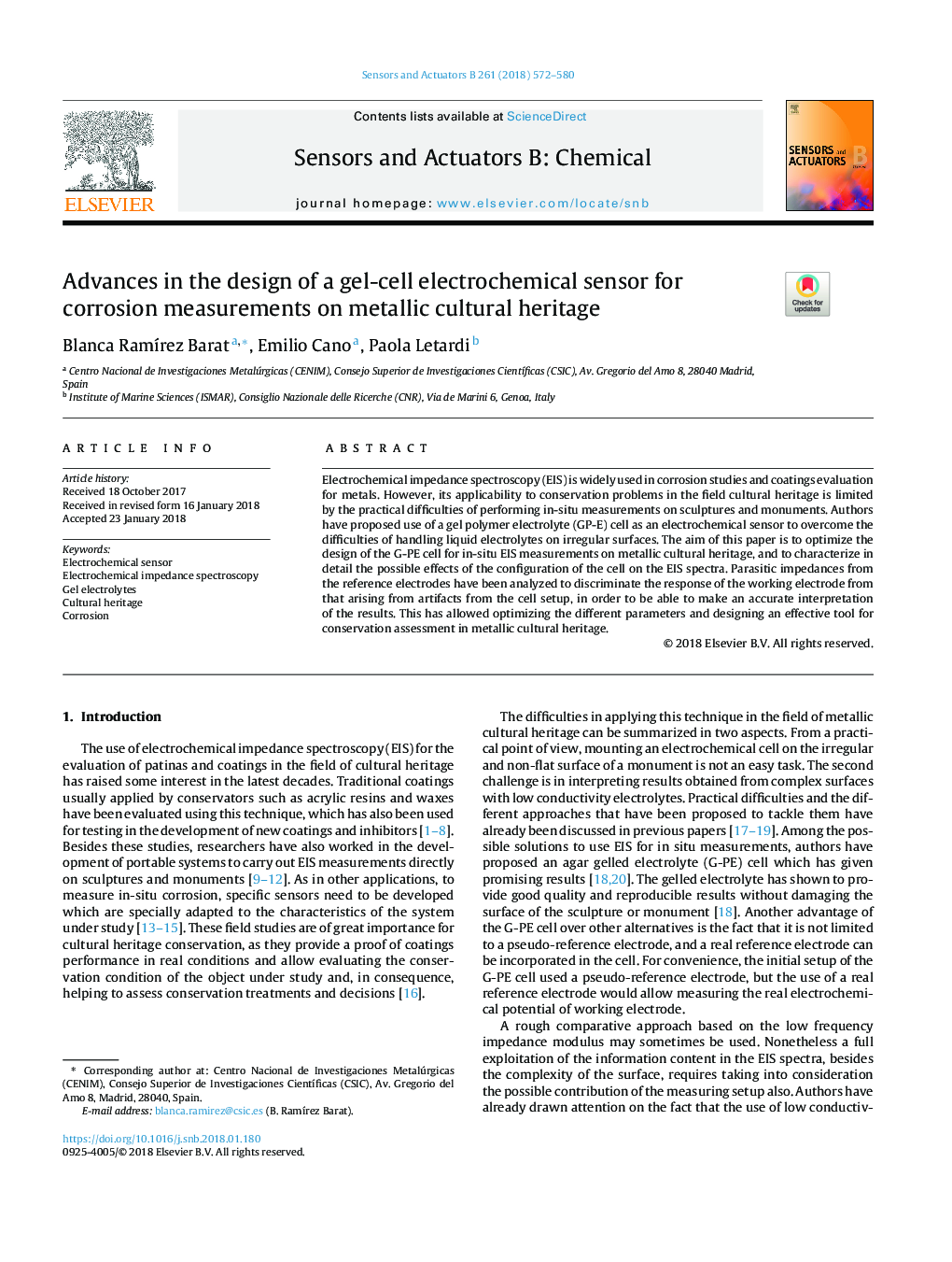 Advances in the design of a gel-cell electrochemical sensor for corrosion measurements on metallic cultural heritage