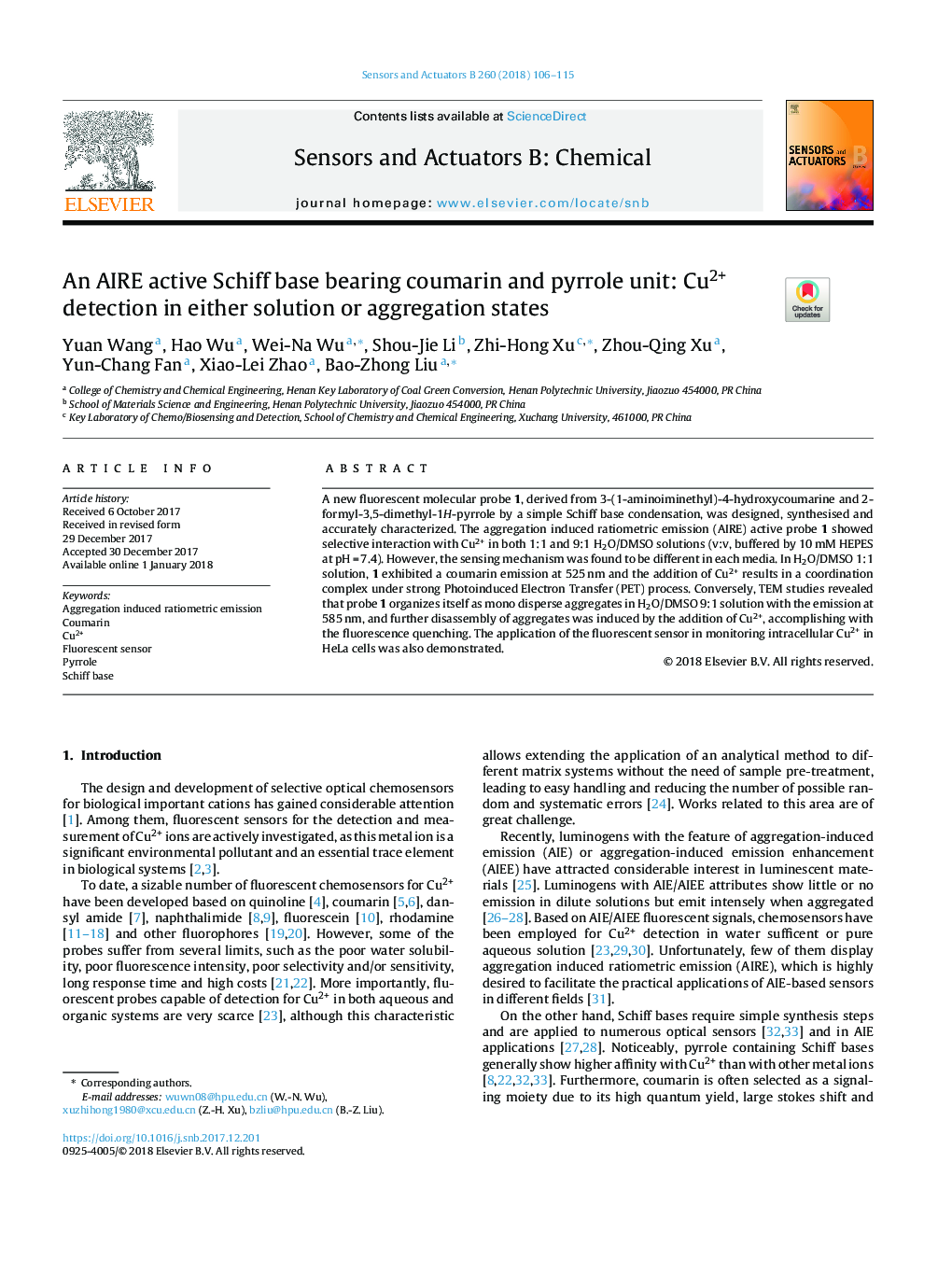 An AIRE active Schiff base bearing coumarin and pyrrole unit: Cu2+ detection in either solution or aggregation states