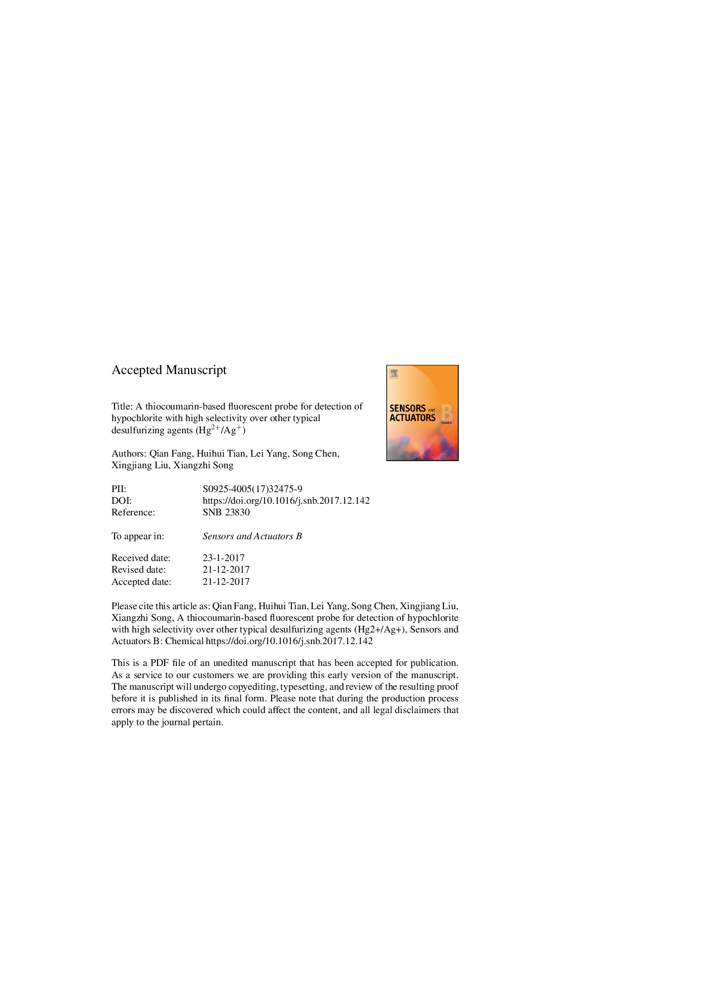 عکس صفحه اول مقاله: A thiocoumarin-based fluorescent probe for detection of hypochlorite with high selectivity over other typical desulfurizing agents (Hg2+/Ag+) A thiocoumarin-based fluorescent probe for detection of hypochlorite with high selectivity over other typical desulfurizing agents (Hg2+/Ag+)