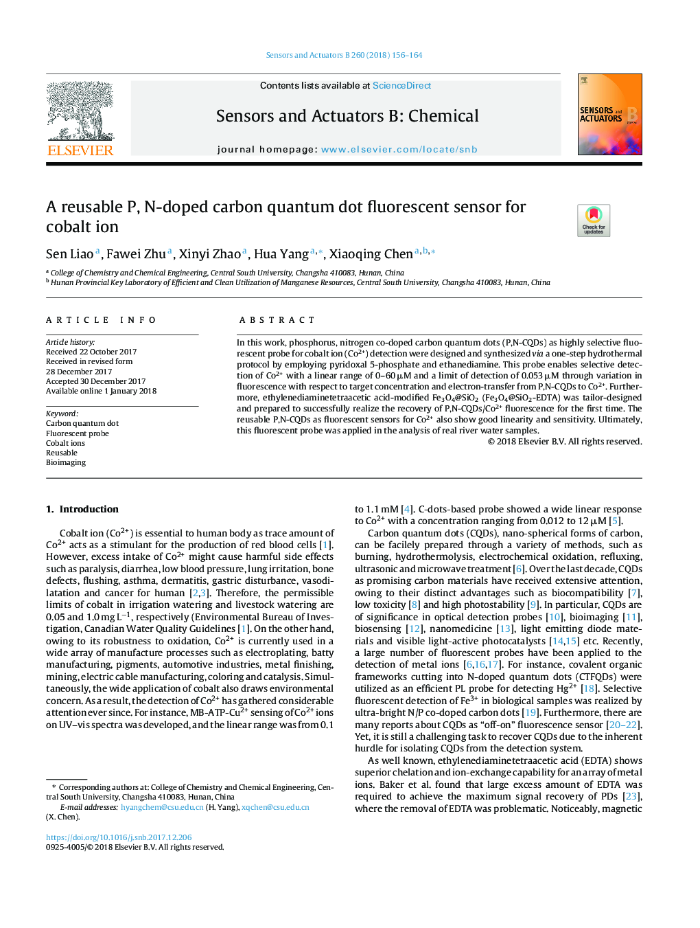 A reusable P, N-doped carbon quantum dot fluorescent sensor for cobalt ion