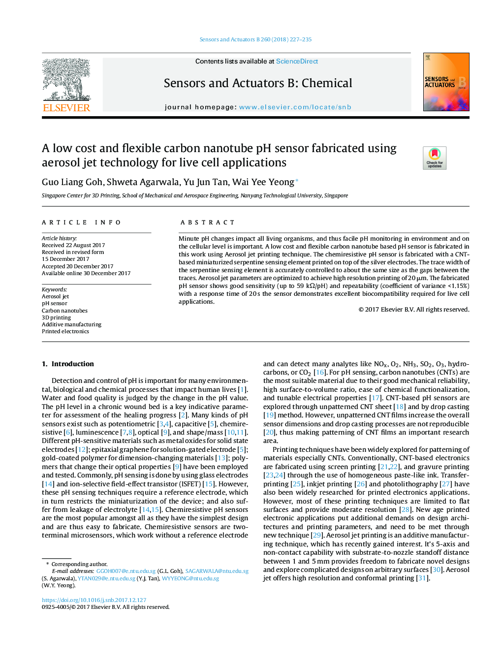 A low cost and flexible carbon nanotube pH sensor fabricated using aerosol jet technology for live cell applications