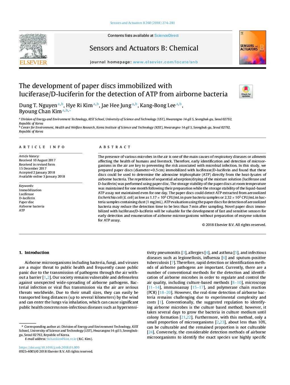 The development of paper discs immobilized with luciferase/D-luciferin for the detection of ATP from airborne bacteria