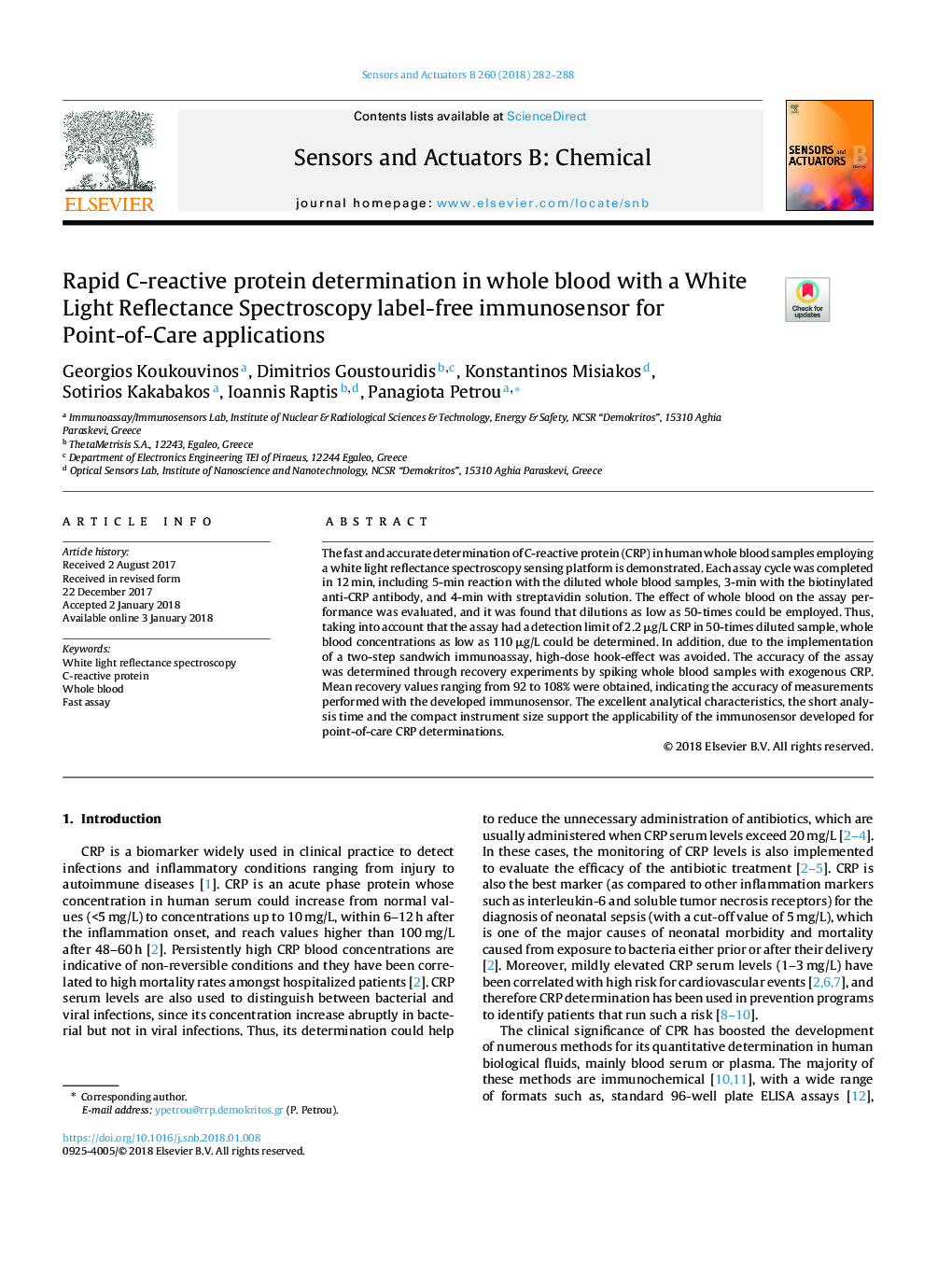 Rapid C-reactive protein determination in whole blood with a White Light Reflectance Spectroscopy label-free immunosensor for Point-of-Care applications