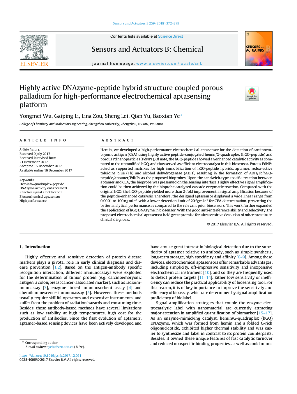 Highly active DNAzyme-peptide hybrid structure coupled porous palladium for high-performance electrochemical aptasensing platform