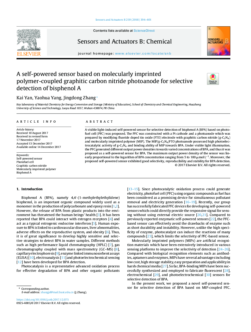 A self-powered sensor based on molecularly imprinted polymer-coupled graphitic carbon nitride photoanode for selective detection of bisphenol A