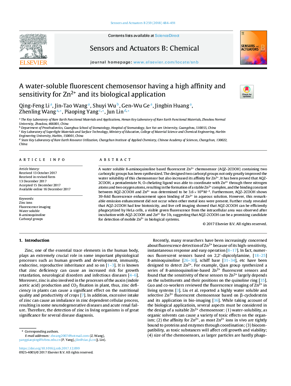 A water-soluble fluorescent chemosensor having a high affinity and sensitivity for Zn2+ and its biological application