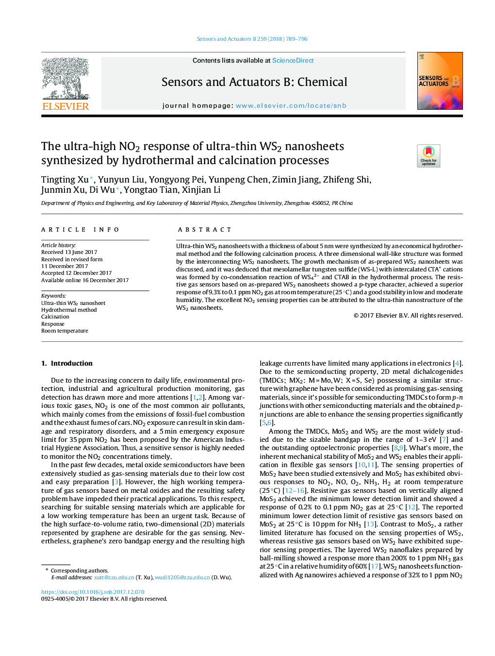 The ultra-high NO2 response of ultra-thin WS2 nanosheets synthesized by hydrothermal and calcination processes