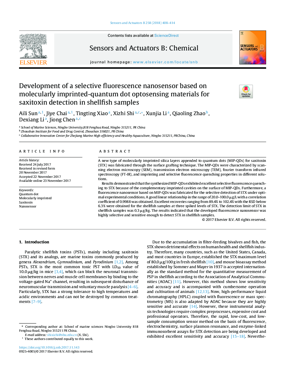 Development of a selective fluorescence nanosensor based on molecularly imprinted-quantum dot optosensing materials for saxitoxin detection in shellfish samples