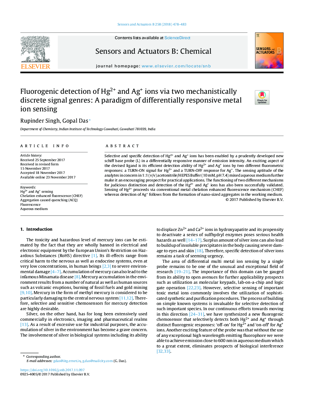 عکس صفحه اول مقاله: Fluorogenic detection of Hg2+ and Ag+ ions via two mechanistically discrete signal genres: A paradigm of differentially responsive metal ion sensing Fluorogenic detection of Hg2+ and Ag+ ions via two mechanistically discrete signal genres: A paradigm of differentially responsive metal ion sensing