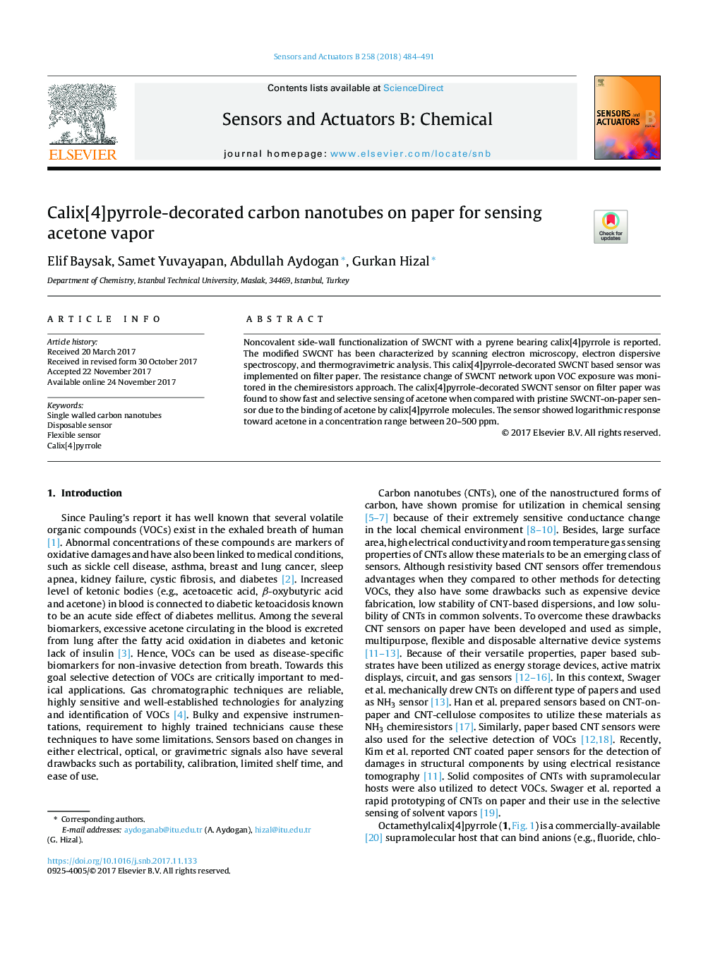 Calix[4]pyrrole-decorated carbon nanotubes on paper for sensing acetone vapor