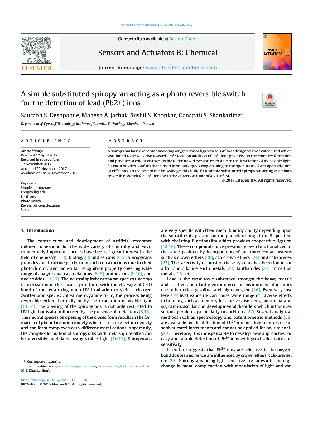 A simple substituted spiropyran acting as a photo reversible switch for the detection of lead (Pb2+) ions