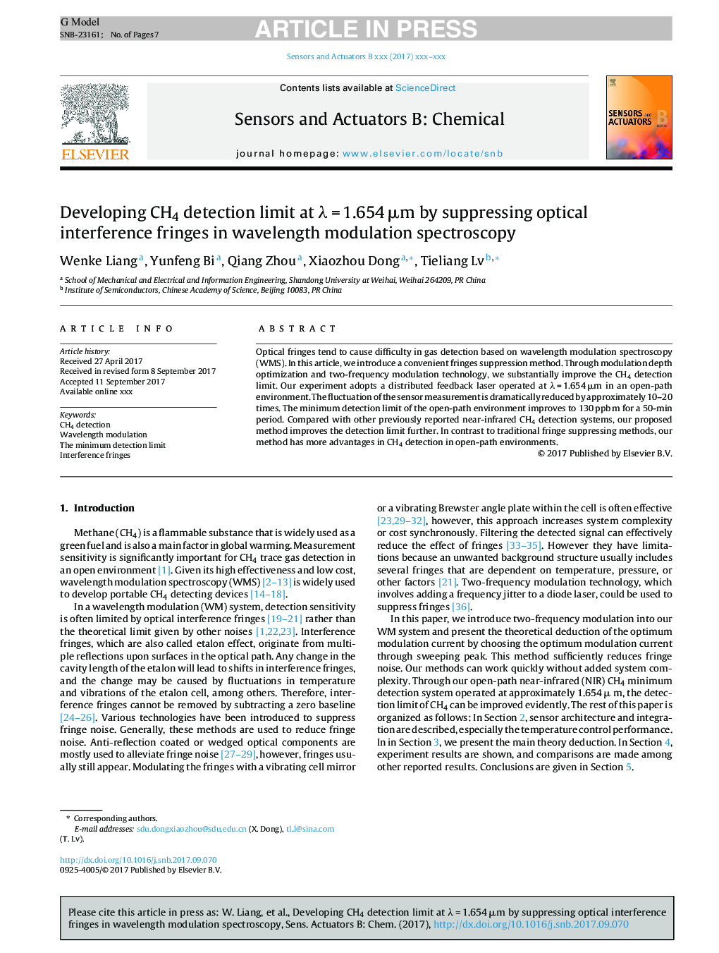 Developing CH4 detection limit at Î»Â =Â 1.654Â Î¼m by suppressing optical interference fringes in wavelength modulation spectroscopy