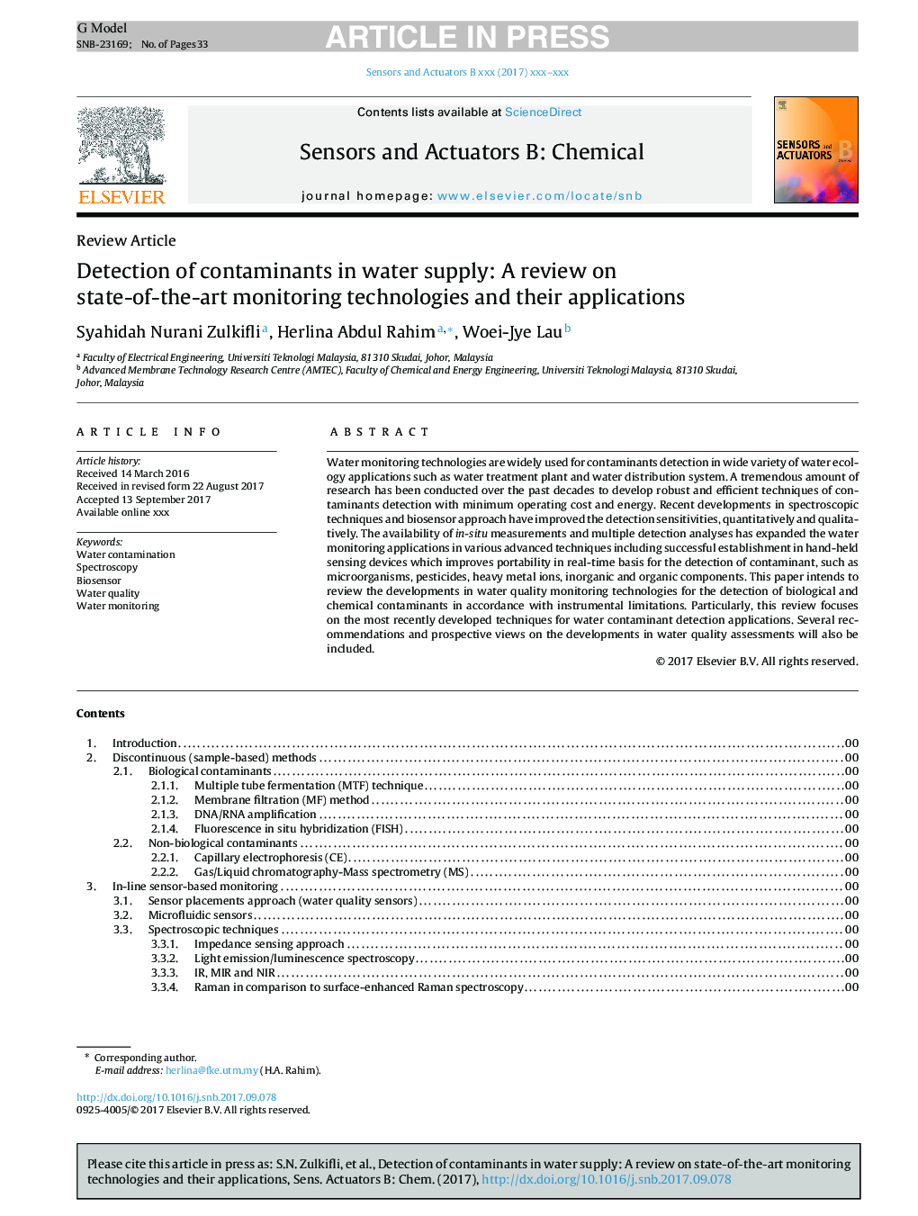 Detection of contaminants in water supply: A review on state-of-the-art monitoring technologies and their applications