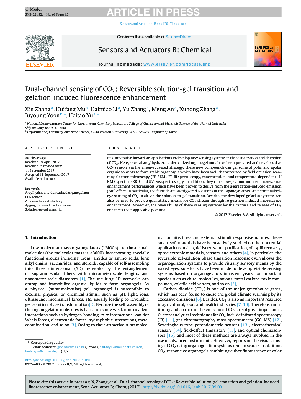 Dual-channel sensing of CO2: Reversible solution-gel transition and gelation-induced fluorescence enhancement