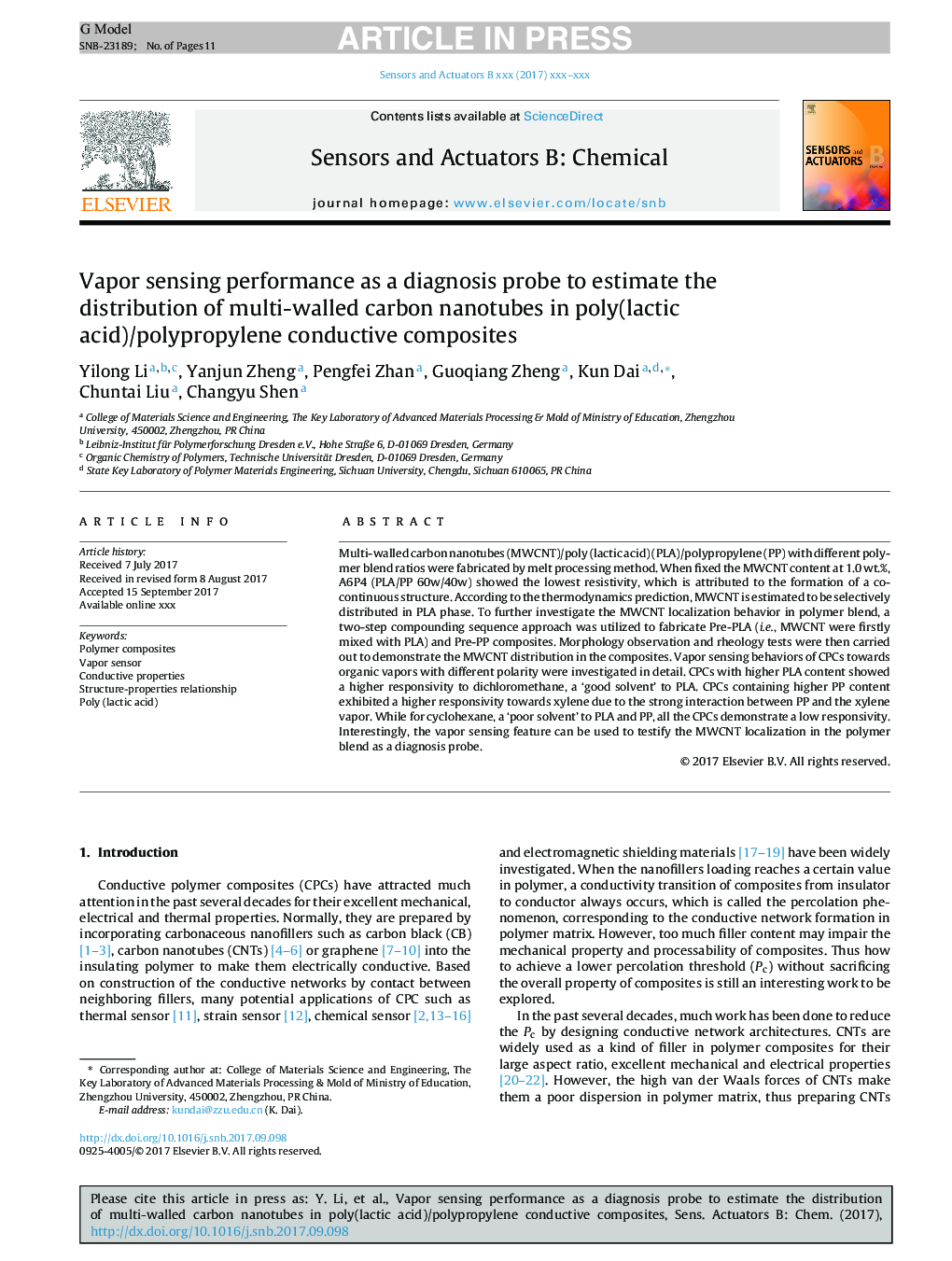 Vapor sensing performance as a diagnosis probe to estimate the distribution of multi-walled carbon nanotubes in poly(lactic acid)/polypropylene conductive composites