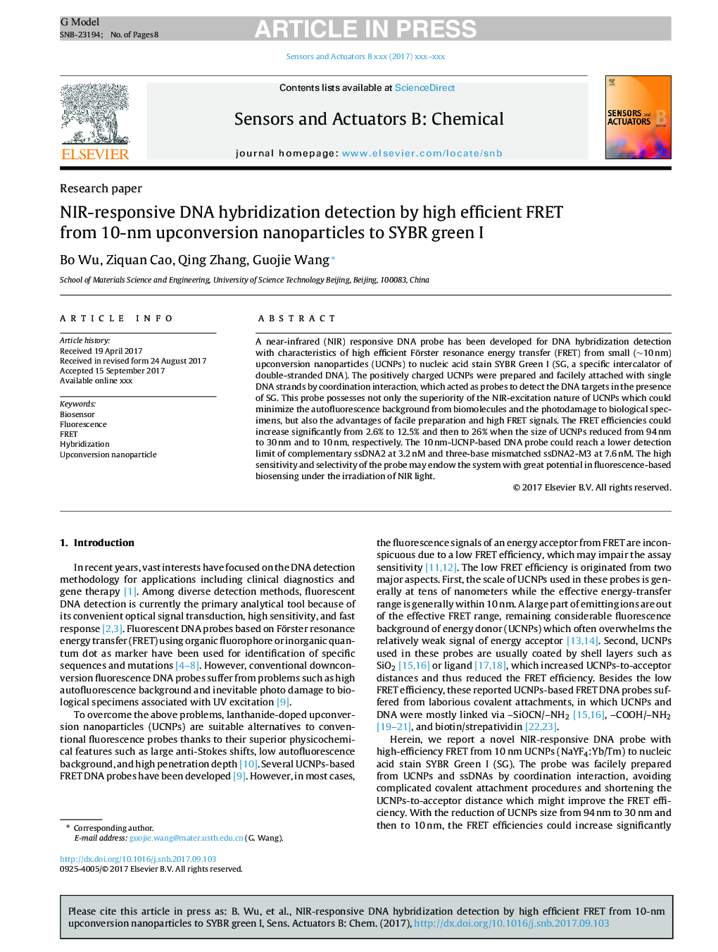 NIR-responsive DNA hybridization detection by high efficient FRET from 10-nm upconversion nanoparticles to SYBR green I