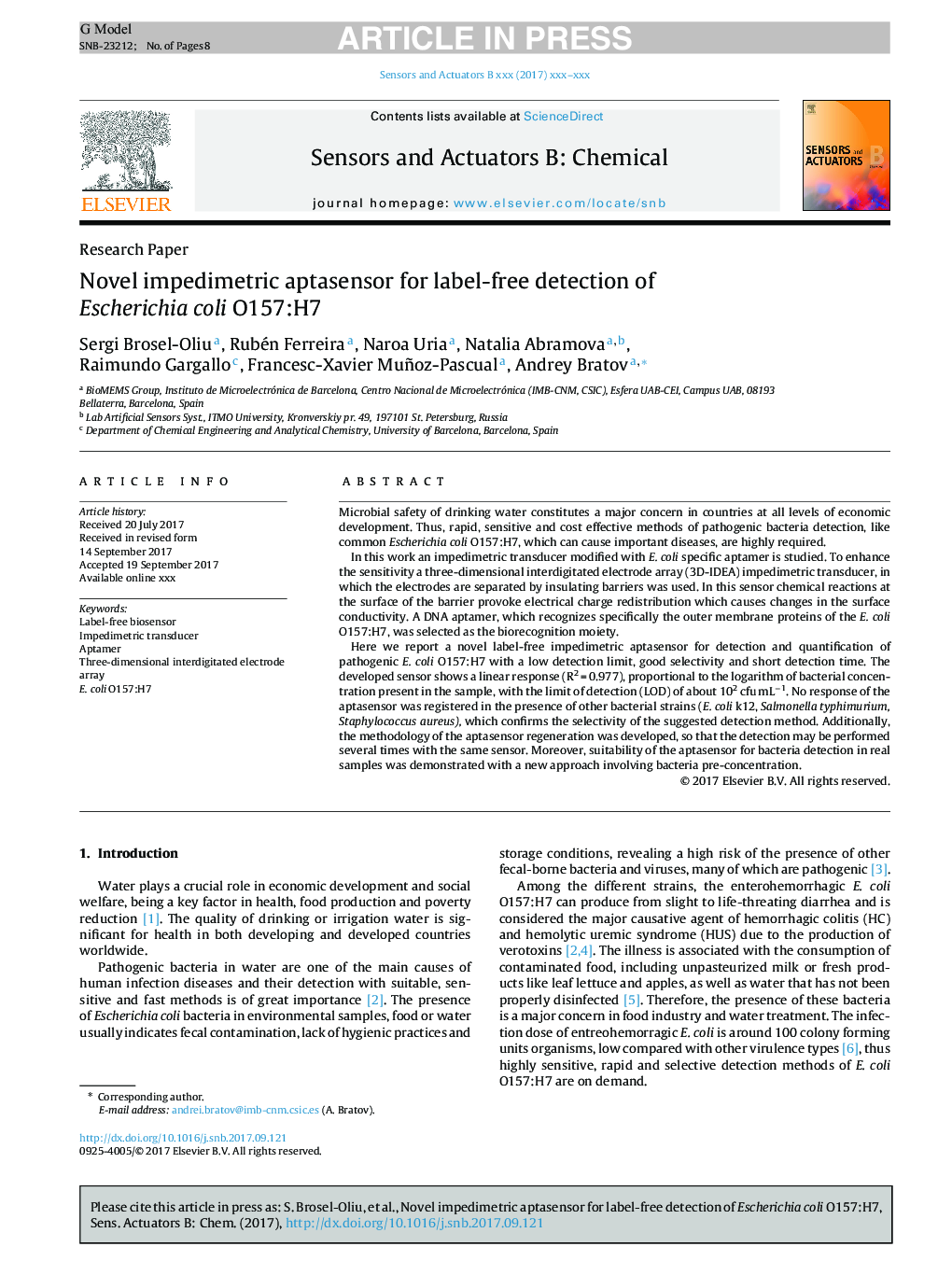 Novel impedimetric aptasensor for label-free detection of Escherichia coli O157:H7