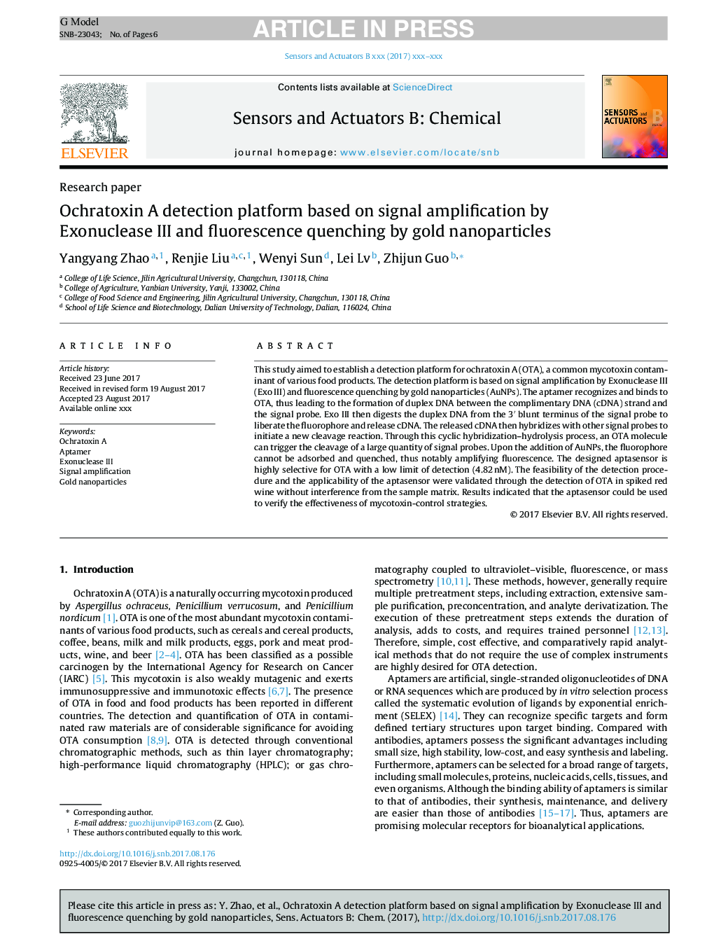 Ochratoxin A detection platform based on signal amplification by Exonuclease III and fluorescence quenching by gold nanoparticles