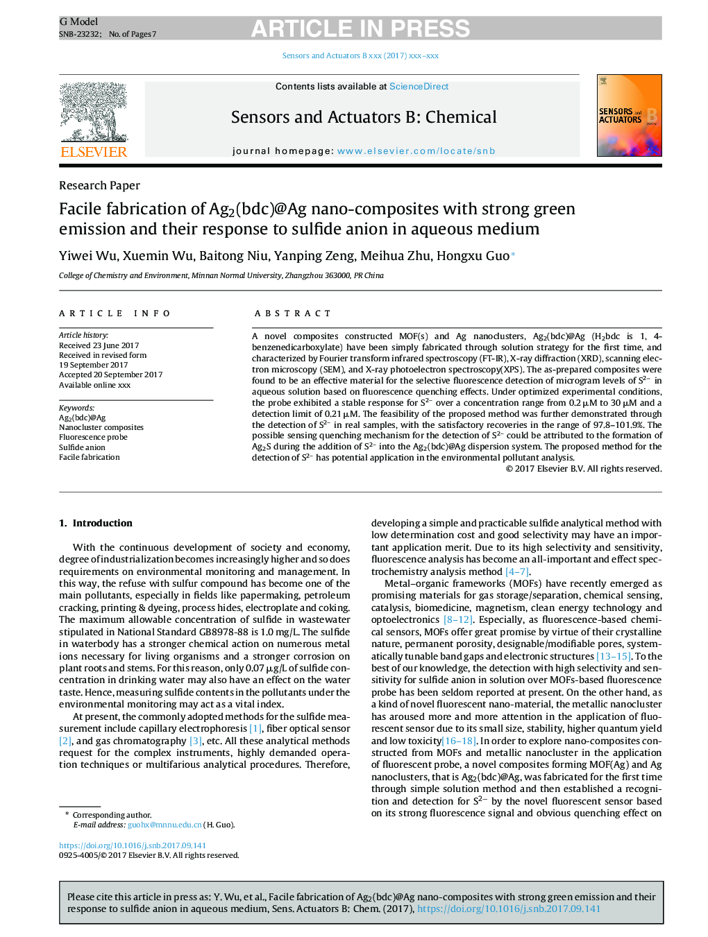 Facile fabrication of Ag2(bdc)@Ag nano-composites with strong green emission and their response to sulfide anion in aqueous medium