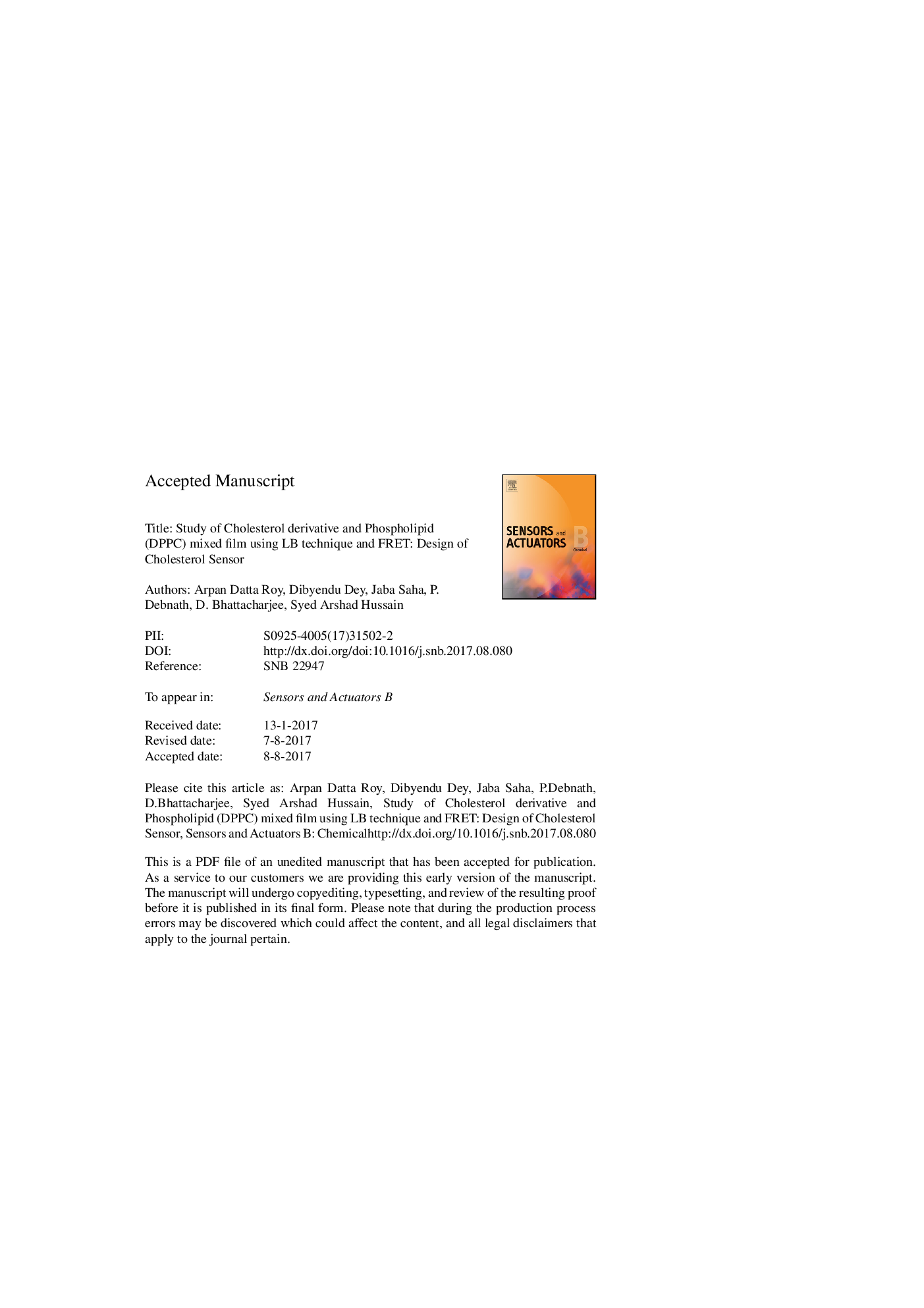 Study of cholesterol derivative and phospholipid (DPPC) mixed film using LB technique and FRET: Design of cholesterol sensor