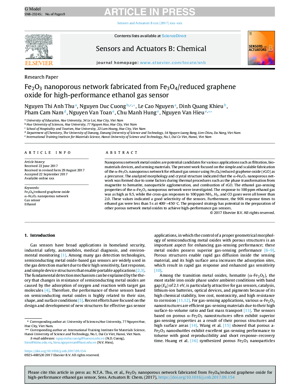 عکس صفحه اول مقاله: Fe2O3 nanoporous network fabricated from Fe3O4/reduced graphene oxide for high-performance ethanol gas sensor Fe2O3 nanoporous network fabricated from Fe3O4/reduced graphene oxide for high-performance ethanol gas sensor