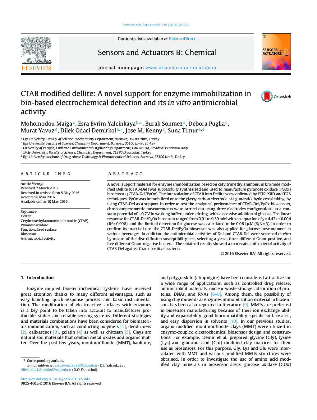 CTAB modified dellite: A novel support for enzyme immobilization in bio-based electrochemical detection and its in vitro antimicrobial activity