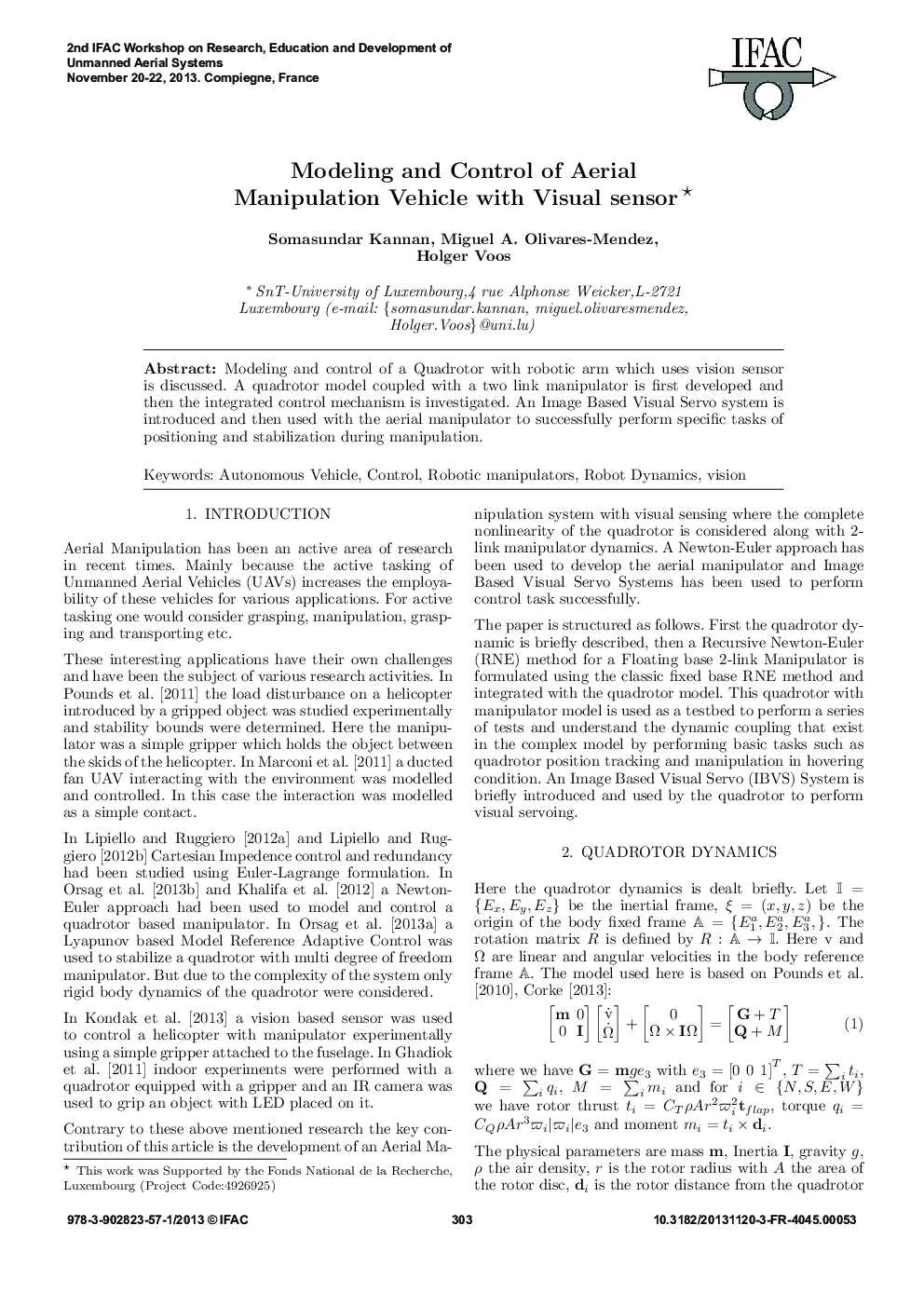 عکس صفحه اول مقاله: Modeling and Control of Aerial Manipulation Vehicle with Visual sensor* Modeling and Control of Aerial Manipulation Vehicle with Visual sensor*