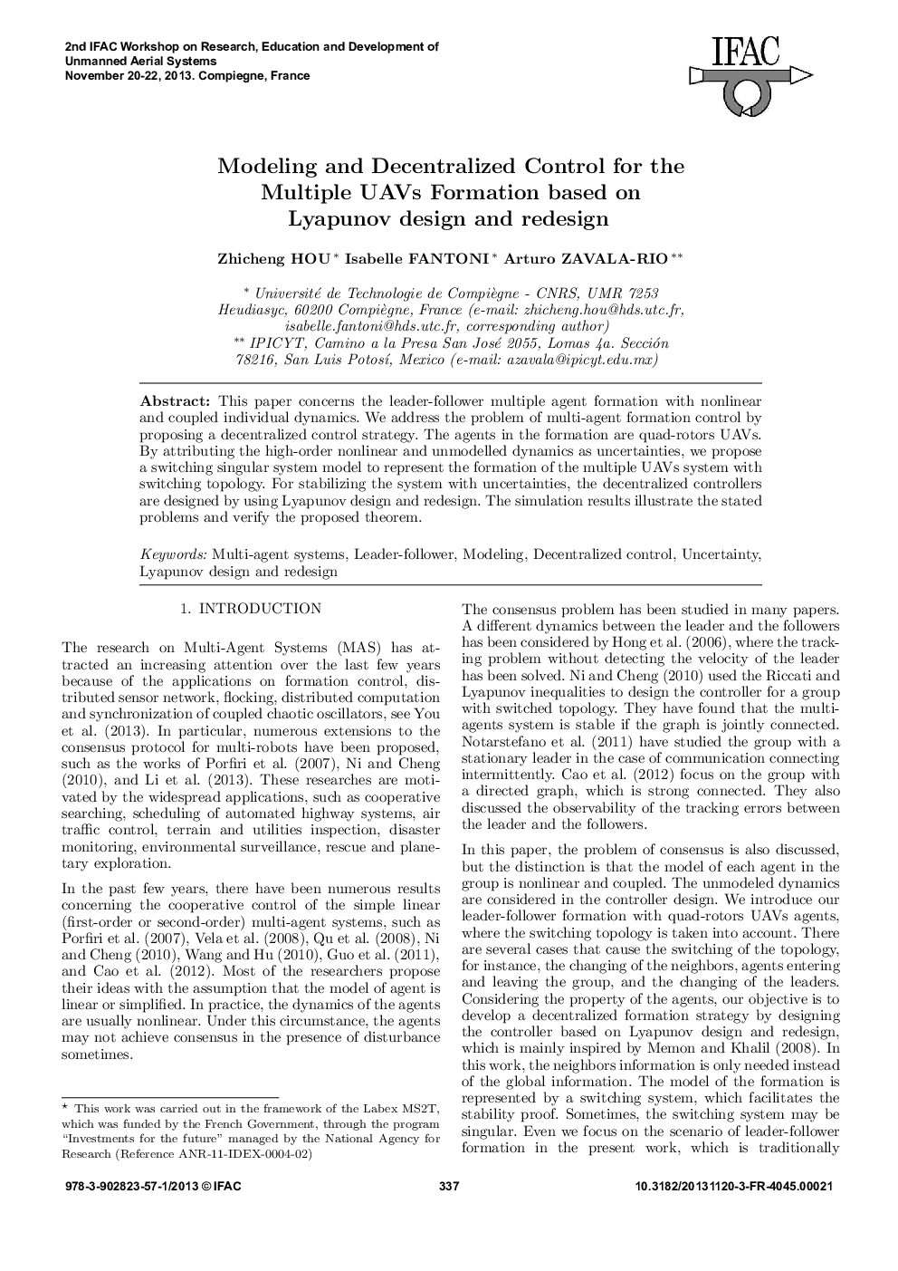 Modeling and Decentralized Control for the Multiple UAVs Formation based on Lyapunov design and redesign 