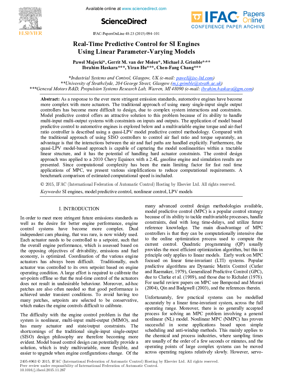 Real-Time Predictive Control for SI Engines Using Linear Parameter-Varying Models