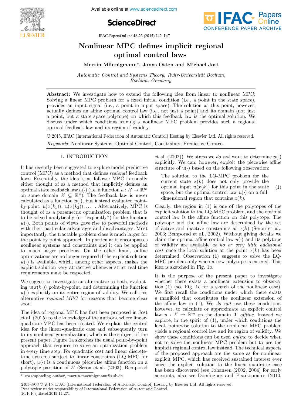 Nonlinear MPC defines implicit regional optimal control laws