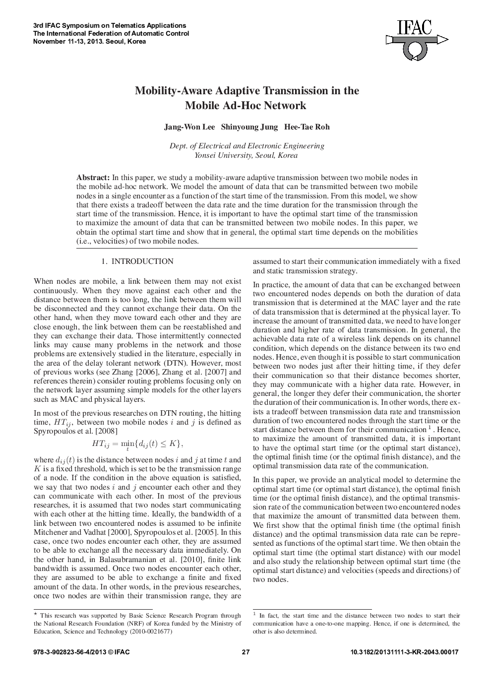 Mobility-Aware Adaptive Transmission in the Mobile Ad-Hoc Network 